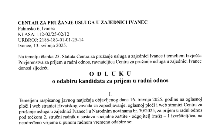 Odluka o odabiru kandidata za prijem u radni odnos