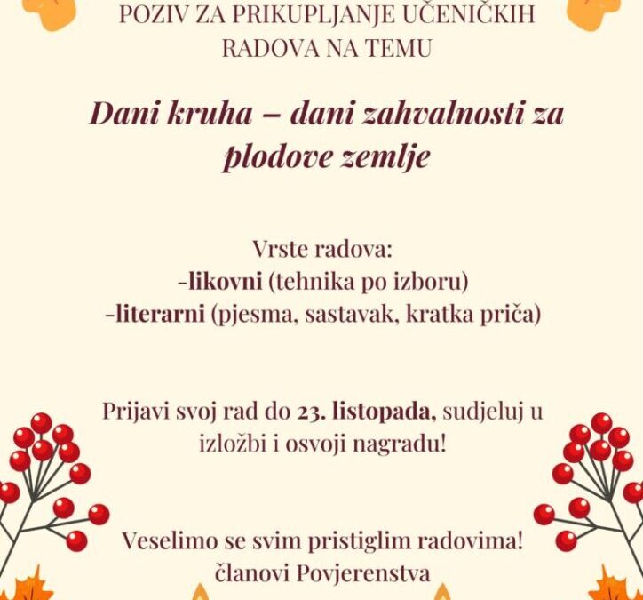 Poziv za prijavu učeničkih radova na temu „Dani kruha”